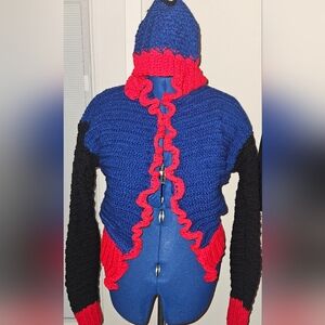 Vibrant Knit Turtleneck Sweater - Blue, Black, and Red